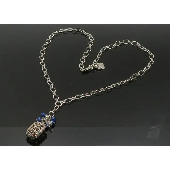 925 Sterling Silver Vintage Lapis Lazuli Paw Print Chain Necklace NE3574